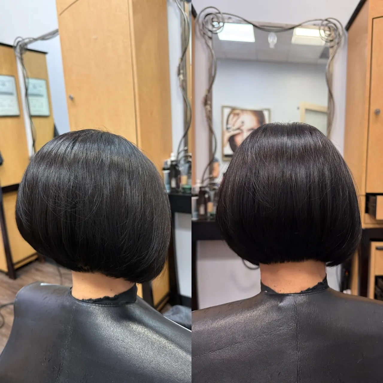 Before-and-after: sleek short black bob, back view, in the salon suite