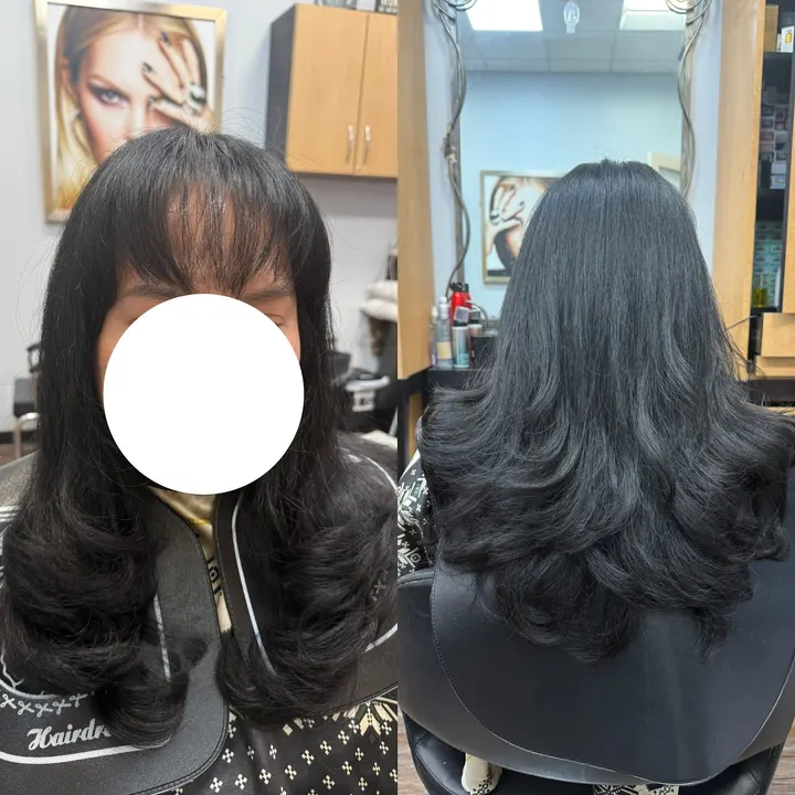 Before-and-after: long dark layered cut with curtain bangs
