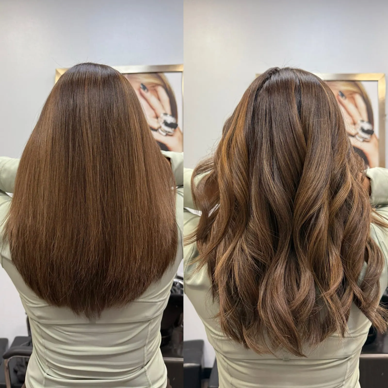 Before-and-after: long brown hair cut and styled into soft layered waves